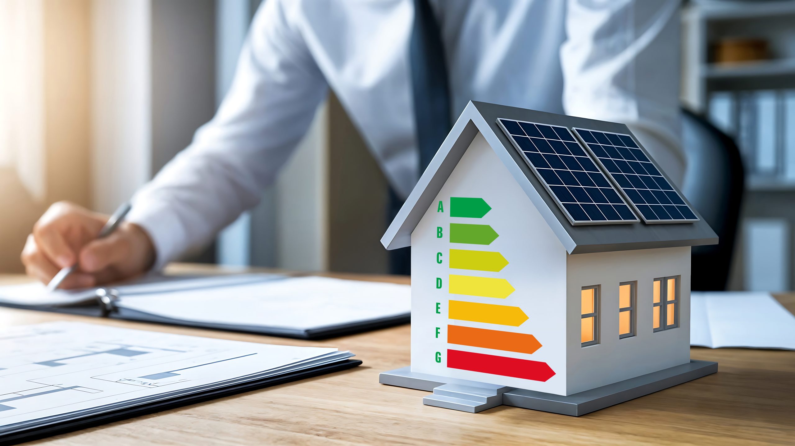 Homme d’affaire faisant un étude de rentabilité des panneaux solaire photovoltaïque, maquette de maison sur bureau en bois